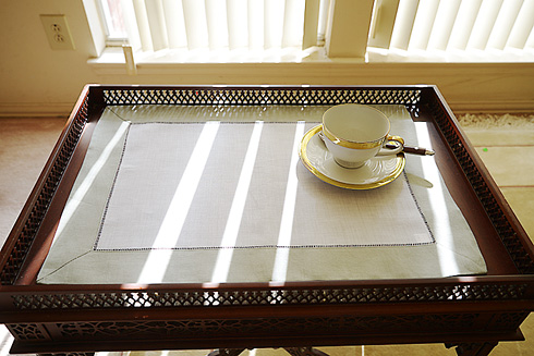 White Hemstitch Placemat 14"x20" with Slate Gray color Border.